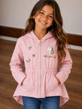 Size 14 Girls Hooded Unicorn Flip Sequins Jacket